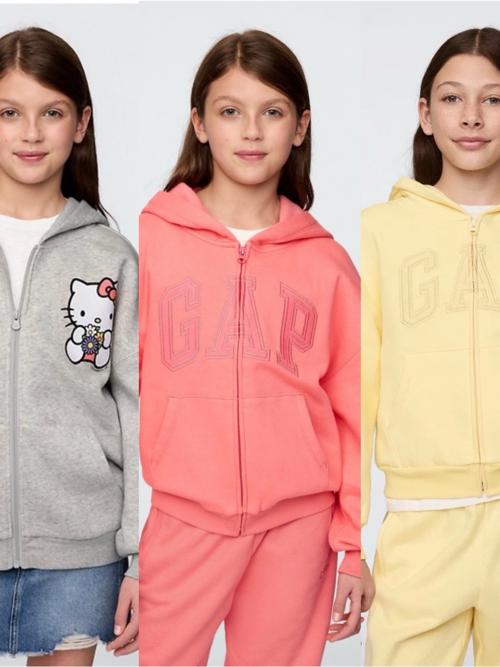 GAP Girls' sz L 10 Coral, pink & Hello kitty Gray Zip Hoodies - 3-Pack lot fall